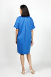 Hinson Wu Cindy Elbow Sleeve Dress in Electric Blue. Pointed collar open v placket popover dress. Dolman elbow length sleeve with cuff. 3 button detail at back neck. Relaxed fit._t_34999778836680
