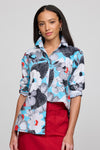 Hinson Wu Xena Floral Zip Back Blouse in Blue combo.  Floral shapes in shades of blue, black and pops of red.  Pointed collar with hidden button placket.  Single gold button exposed at neck.  3/4 sleeve with split turn back cuff.  Zip back with solid navy lining.  Relaxed fit._t_60058071499118