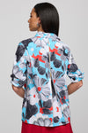 Hinson Wu Xena Floral Zip Back Blouse in Blue combo.  Floral shapes in shades of blue, black and pops of red.  Pointed collar with hidden button placket.  Single gold button exposed at neck.  3/4 sleeve with split turn back cuff.  Zip back with solid navy lining.  Relaxed fit._t_60058071466350