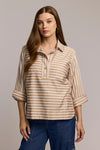 Hinson Wu Aileen Stripe Button Back Blouse in Ecru/Latte.  Popover blouse with ponted collar and 2 button placket.  3/4 sleeve with split fold back cuff.  Horizontal stripe front.  Vertical stripe back with button back down center.  Curved hem.  Relaxed fit._t_61375820235118