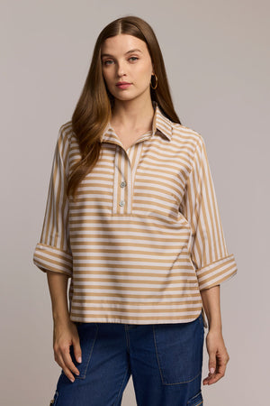Hinson Wu Aileen Stripe Button Back Blouse in Ecru/Latte.  Popover blouse with ponted collar and 2 button placket.  3/4 sleeve with split fold back cuff.  Horizontal stripe front.  Vertical stripe back with button back down center.  Curved hem.  Relaxed fit._61375820235118