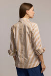 Hinson Wu Aileen Stripe Button Back Blouse in Ecru/Latte.  Popover blouse with ponted collar and 2 button placket.  3/4 sleeve with split fold back cuff.  Horizontal stripe front.  Vertical stripe back with button back down center.  Curved hem.  Relaxed fit._t_61375820267886