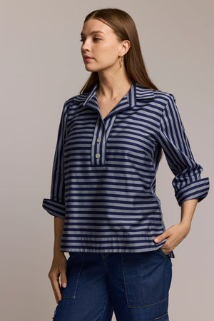 Hinson Wu Aileen Stripe Button Back Blouse in French Gray/Midnight.  Popover blouse with ponted collar and 2 button placket.  3/4 sleeve with split fold back cuff.  Horizontal stripe front.  Vertical stripe back with button back down center.  Curved hem.  Relaxed fit._61375820300654