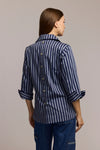 Hinson Wu Aileen Stripe Button Back Blouse in French Gray/Midnight.  Popover blouse with ponted collar and 2 button placket.  3/4 sleeve with split fold back cuff.  Horizontal stripe front.  Vertical stripe back with button back down center.  Curved hem.  Relaxed fit._t_61375820333422