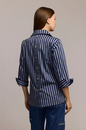 Hinson Wu Aileen Stripe Button Back Blouse in French Gray/Midnight.  Popover blouse with ponted collar and 2 button placket.  3/4 sleeve with split fold back cuff.  Horizontal stripe front.  Vertical stripe back with button back down center.  Curved hem.  Relaxed fit._61375820333422