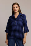 Hinson Wu Aileen Stripe Button Back Blouse in Sapphire/Black.  Popover blouse with ponted collar and 2 button placket.  3/4 sleeve with split fold back cuff.  Horizontal stripe front.  Vertical stripe back with button back down center.  Curved hem.  Relaxed fit._t_61375820366190