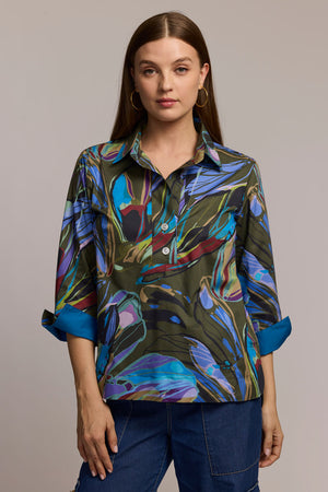 Hinson Wu Aileen Abstract Camo Top in Sapphire.  Pointed collar popover with 2 button placket.  3/4 sleeve with split cuff reversing to solid sapphire.  Center back buttons.  Rounded high low hem.  Relaxed fit._61376012550510