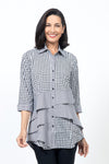 Cali Girls Jenna Mixed Check Blouse in Black/White.  Mixed check blouse with different size checks.  Pointed collar button down blouse with 3/4 sleeve and smaller check turn back cuff.  2 asymmetric front ruffles in small check.  Back yoke in small check.  Shirt tail hem.  Relaxed fit._t_34546711986376
