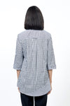 Cali Girls Jenna Mixed Check Blouse in Black/White. Mixed check blouse with different size checks. Pointed collar button down blouse with 3/4 sleeve and smaller check turn back cuff. 2 asymmetric front ruffles in small check. Back yoke in small check. Shirt tail hem. Relaxed fit._t_34546711953608