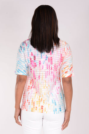 Whimsy Rose Rainbow Rain Banded Tee in Multi. Rainbow colored abstract splashes on a white background. Banded tone on tone horizontal stripes. Elbow length. Slightly relaxed fit._34313049211080