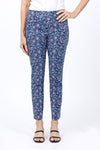 Elliott Lauren Blue Crush Ankle Pant.  blue and red vine print on a navy background.  Pull on pant with 3" elasticized waist.  Snug through hip and thigh, slim to hem.  Back leg center seam with slit at hem.  29" inseam._t_34816911147208