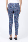 Elliott Lauren Blue Crush Ankle Pant. blue and red vine print on a navy background. Pull on pant with 3" elasticized waist. Snug through hip and thigh, slim to hem. Back leg center seam with slit at hem. 29" inseam._t_34816911179976