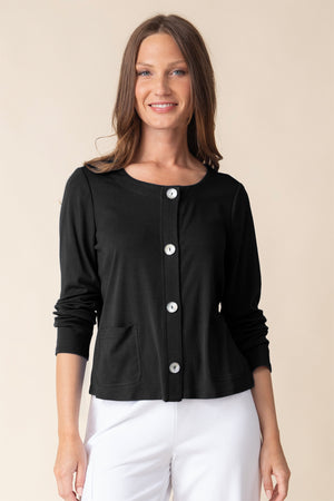 Habitat Cozy Fit Cardigan in Black.  Crew neck button down with agoya shell buttons.  2 front patch pockets.  Top stitch detail.  Relaxed fit._60126047011182