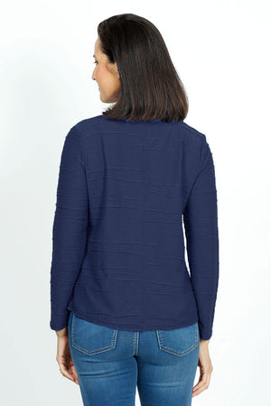 Habitat Stream Round Hem Top in Navy.  Crew neck long sleeve top.  Cascading mini horizontal tuck pleats.  Center back seam.  Rounded hem.  Relaxed fit._61210479624558