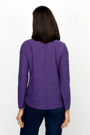 Habitat Stream Round Hem Top in Mulberry.  Crew neck long sleeve top.  Cascading mini horizontal tuck pleats.  Center back seam.  Rounded hem.  Relaxed fit._61210479690094