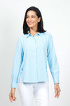 Cali Girls Checked Boyfriend Blouse in Light Blue/White. Pointed collar button down check blouse. Long sleeves with bias check button cuff. Side seams wrap to front. Front slits at seams with bias check button tab. Back yoke. Relaxed fit._t_35035602550984