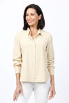 Cali Girls Checked Boyfriend Blouse in Mustard/White. Pointed collar button down check blouse. Long sleeves with bias check button cuff. Side seams wrap to front. Front slits at seams with bias check button tab. Back yoke. Relaxed fit._t_35035602485448