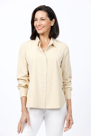 Cali Girls Checked Boyfriend Blouse in Mustard/White. Pointed collar button down check blouse. Long sleeves with bias check button cuff. Side seams wrap to front. Front slits at seams with bias check button tab. Back yoke. Relaxed fit._35035602485448