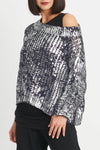 Planet Metallic Crochet Sweater in Lava Silver.  Screen print metallic.  Wide boatneck sweater.  Horizontal rib alternating with open crochet.  3/4 rib sleeve with drop shoulder.  Rib trim at neck and hem.  Oversized fit.  One size fits many._t_61188535091566
