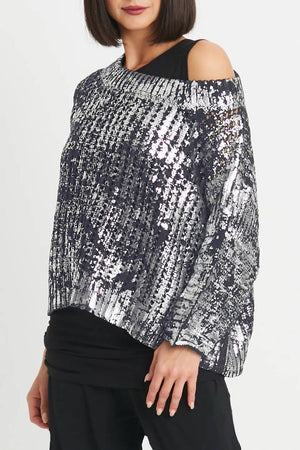Planet Metallic Crochet Sweater in Lava Silver.  Screen print metallic.  Wide boatneck sweater.  Horizontal rib alternating with open crochet.  3/4 rib sleeve with drop shoulder.  Rib trim at neck and hem.  Oversized fit.  One size fits many._61188535091566