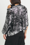 Planet Metallic Crochet Sweater in Black Silver.  Screen print metallic.  Wide boatneck sweater.  Horizontal rib alternating with open crochet.  3/4 rib sleeve with drop shoulder.  Rib trim at neck and hem.  Oversized fit.  One size fits many._t_61188535124334