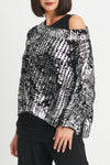 Planet Metallic Crochet Sweater in Black Silver.  Screen print metallic.  Wide boatneck sweater.  Horizontal rib alternating with open crochet.  3/4 rib sleeve with drop shoulder.  Rib trim at neck and hem.  Oversized fit.  One size fits many._t_61188535157102