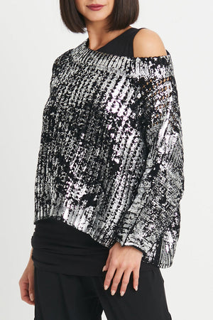 Planet Metallic Crochet Sweater in Black Silver.  Screen print metallic.  Wide boatneck sweater.  Horizontal rib alternating with open crochet.  3/4 rib sleeve with drop shoulder.  Rib trim at neck and hem.  Oversized fit.  One size fits many._61188535157102
