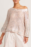 Planet Metallic Crochet Sweater in Blush Silver.  Screen print metallic.  Wide boatneck sweater.  Horizontal rib alternating with open crochet.  3/4 rib sleeve with drop shoulder.  Rib trim at neck and hem.  Oversized fit.  One size fits many._t_61188535189870