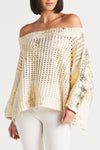 Planet Metallic Crochet Sweater in Crudo/Gold.  Screen print metallic.  Wide boatneck sweater.  Horizontal rib alternating with open crochet.  3/4 rib sleeve with drop shoulder.  Rib trim at neck and hem.  Oversized fit.  One size fits many._t_61211006075246
