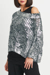 Planet Metallic Crochet Sweater in Vapor Silver.  Screen print metallic.  Wide boatneck sweater.  Horizontal rib alternating with open crochet.  3/4 rib sleeve with drop shoulder.  Rib trim at neck and hem.  Oversized fit.  One size fits many._t_61188535222638
