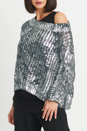 Planet Metallic Crochet Sweater in Vapor Silver.  Screen print metallic.  Wide boatneck sweater.  Horizontal rib alternating with open crochet.  3/4 rib sleeve with drop shoulder.  Rib trim at neck and hem.  Oversized fit.  One size fits many._61188535222638