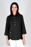 Beau Chemise Tulip Hem Blouse in Black. Pointed collar popover with 4 button placket. Tulip hem in front with 3 button trim on each side. 3/4 sleeve. Relaxed fit_t_34479203516616