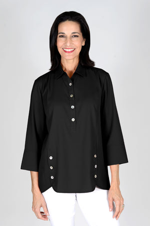 Beau Chemise Tulip Hem Blouse in Black. Pointed collar popover with 4 button placket. Tulip hem in front with 3 button trim on each side. 3/4 sleeve. Relaxed fit_34479203516616