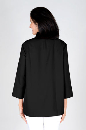 Beau Chemise Tulip Hem Blouse in Black. Pointed collar popover with 4 button placket. Tulip hem in front with 3 button trim on each side. 3/4 sleeve. Relaxed fit_34479203549384