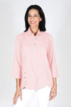 Beau Chemise Tulip Hem Blouse in Pink. Pointed collar popover with 4 button placket. Tulip hem in front with 3 button trim on each side. 3/4 sleeve. Relaxed fit_t_36093103931592