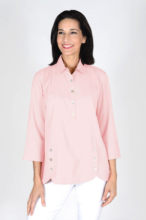 Beau Chemise Tulip Hem Blouse in Pink. Pointed collar popover with 4 button placket. Tulip hem in front with 3 button trim on each side. 3/4 sleeve. Relaxed fit_36093103931592