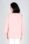 Beau Chemise Tulip Hem Blouse in Pink. Pointed collar popover with 4 button placket. Tulip hem in front with 3 button trim on each side. 3/4 sleeve. Relaxed fit_t_36093103964360