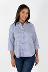 Cali Girls Gingham Lace Up in Blue/White.  navy and white gingham check button down blouse.  Pointed collar, 3/4 sleeve with turn back cuff.  Back inverted pleat with crisscross navy ribbon lacing.  Relaxed fit._t_34626623733960