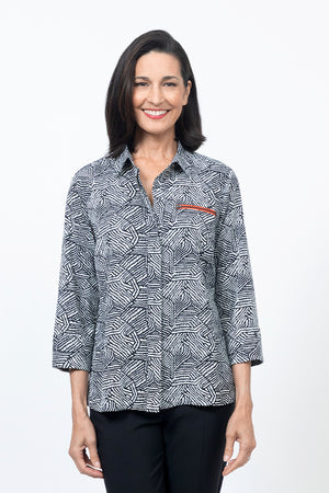 Beau Chemise Betty Grid Blouse in Cream and Black.  Interlocking grid pattern in black and cream.  Pointed collar button down swing shirt with hidden button placket.  3/4 sleeve with split back cuff.  Zipper trim above left breast in rust.  Back yoke and inverted pleat.  Relaxed fit._34519304863944