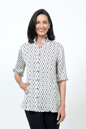 Beau Chemise Bobbi Aztec Print Blouse in Black with geometric print in Cream/Black. Adjustable wire collar stand up neckline. Button down blouse. 3/4 sleeve with elastic cuff. 2 front slant welt pockets. A line shape. Relaxed fit._34580272447688