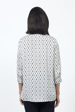 Beau Chemise Bobbi Aztec Print Blouse in Black with geometric print in Cream/Black. Adjustable wire collar stand up neckline. Button down blouse. 3/4 sleeve with elastic cuff. 2 front slant welt pockets. A line shape. Relaxed fit._34580272480456
