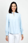 Beau Chemise Ruched Sleeve Popover in Sky.  Banded crew neck with ruffle trim.  Hidden 1/4 zipper front closure.  Long sleeves with smocked cuff.  Back yoke with soft gathers below.  Shirt tail hem.  Relaxed fit._t_35036162326728