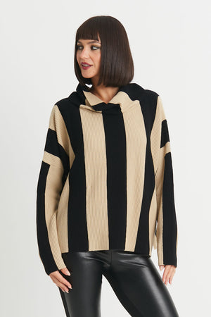 Planet Vertical Rib Sweater in Black/Sand.  Wide vertical rib stripes on body and sleeves.  Cowl neck with long sleeves and drop shoulder.  Side slits.  Oversized fit.  One size fits most._34273289568456