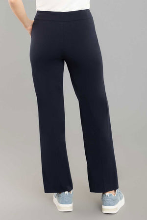 Lisette L Montreal Kathryne Wide Leg Pant in Midnight, a deep navy. Pull on pant with 3" elasticized waistband. Front slash pockets. Snug through stomach, falls from hip with lots of drape. 30" inseam._35062189719752