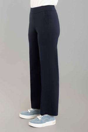 Lisette L Montreal Kathryne Wide Leg Pant in Midnight, a deep navy. Pull on pant with 3" elasticized waistband. Front slash pockets. Snug through stomach, falls from hip with lots of drape. 30" inseam._35062189686984