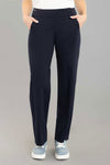 Lisette L Montreal Kathryne Wide Leg Pant in Midnight, a deep navy.  Pull on pant with 3" elasticized waistband.  Front slash pockets.  Snug through stomach, falls from hip with lots of drape.  30" inseam.  _t_35062189785288