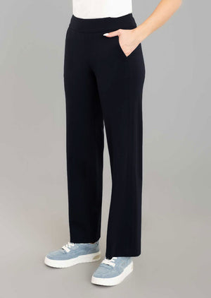 Lisette L Montreal Kathryne Wide Leg Pant in Black. Pull on pant with 3" elasticized waistband. Front slash pockets. Snug through stomach, falls from hip with lots of drape. 30" inseam._35062189752520