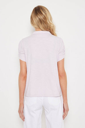 Lisa Todd Knot It Tee in Lilac with cantelope orange 1/4 zip front.  Pointed collar.  Short sleeve with knot detail. Relaxed fit._60257657061742