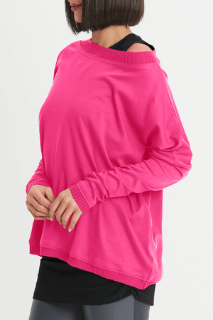 Planet Off the Shoulder T in Lipstick Pink. Pima cotton oversized tee with wide boat neck. Long sleeves. Dropped shoulders. Rib trim at neck, huff and hem. One size fits most._34472153776328