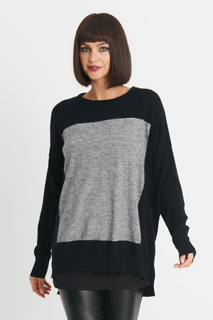 Planet Squared Sweater in Black/Asphalt.  Oversized sweater with crew neck and long sleeves.  Large contrast color square in front.  One size fits many._34300866724040